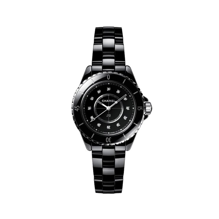CHANEL horloge met een kast in keramiek, met een wijzerplaat in het zwart met briljant en een diameter van 33 mm