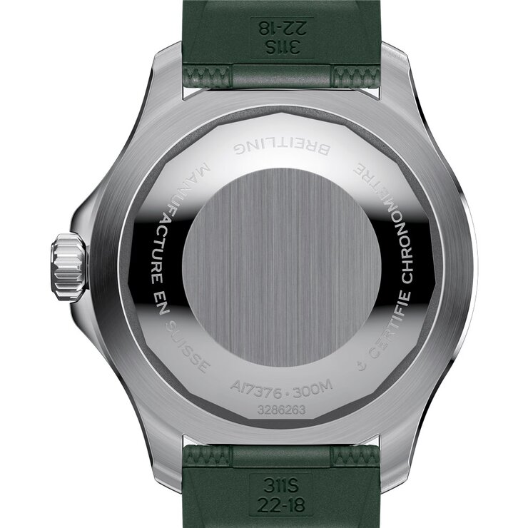 Breitling horloge met een kast in staal, met een wijzerplaat in het groen en een diameter van 44 mm
