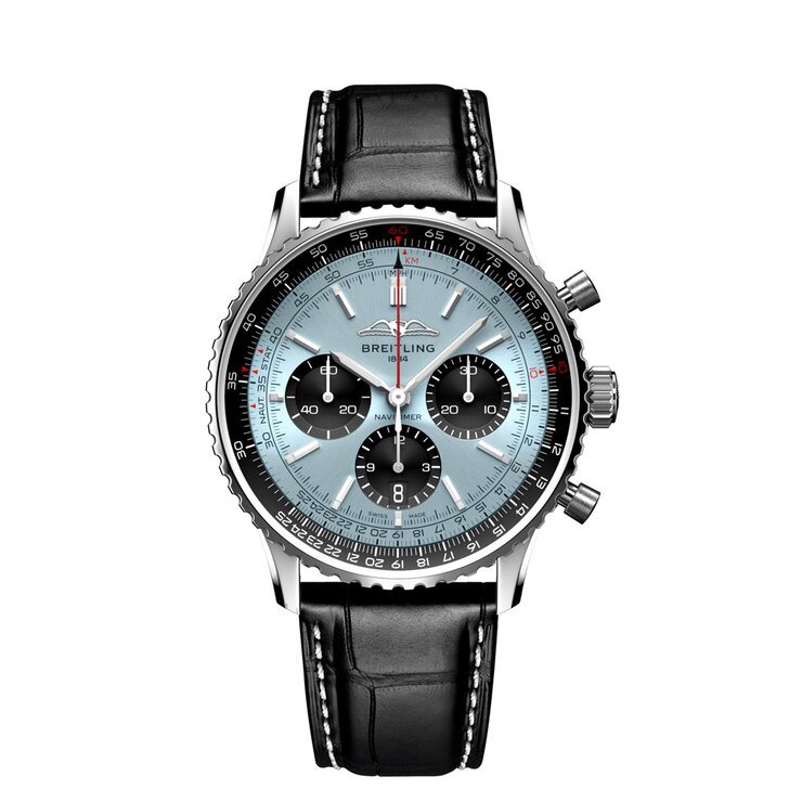 Breitling horloge met een kast in staal, met een wijzerplaat in het blauw en een diameter van 43 mm