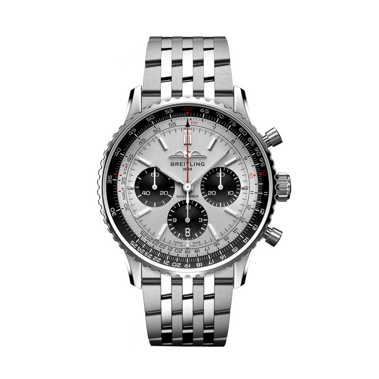 Breitling horloge met een kast in staal, met een wijzerplaat in het zilver en een diameter van 43 mm