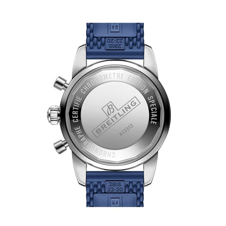 Breitling horloge met een kast in staal, met een wijzerplaat in het blauw en een diameter van 44 mm
