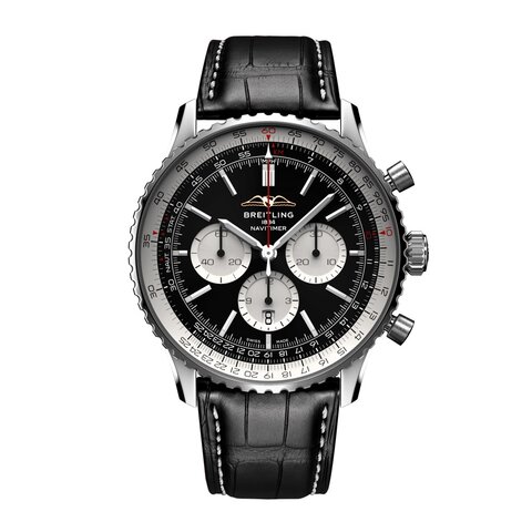 Breitling horloge met een kast in staal, met een wijzerplaat in het zwart en een diameter van 46 mm