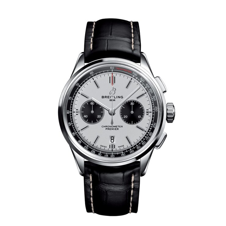 Breitling horloge met een kast in staal, met een wijzerplaat in het wit en een diameter van 42 mm