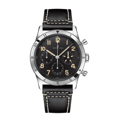Breitling horloge met een kast in staal, met een wijzerplaat in het zwart en een diameter van 41 mm