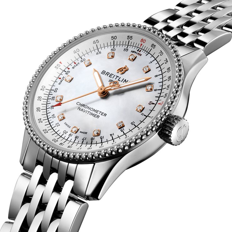 Breitling horloge met een kast in staal, met een wijzerplaat in het parelmoer met  briljant en een diameter van 35 mm