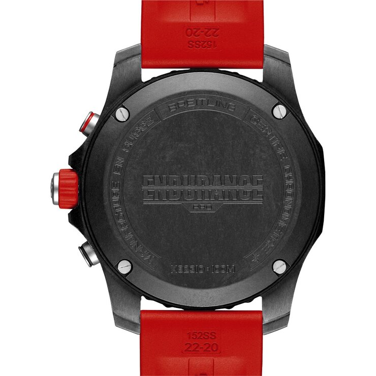 Breitling horloge met een kast in breitlight, met een wijzerplaat in het zwart en een diameter van 44 mm