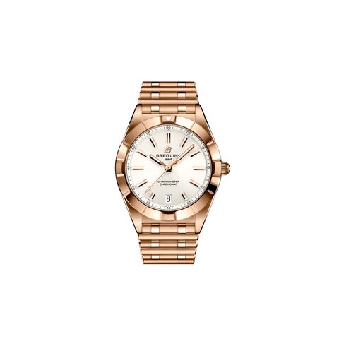 Breitling horloge met een kast in rosé goud, met een wijzerplaat in het zilver en een diameter van 32 mm