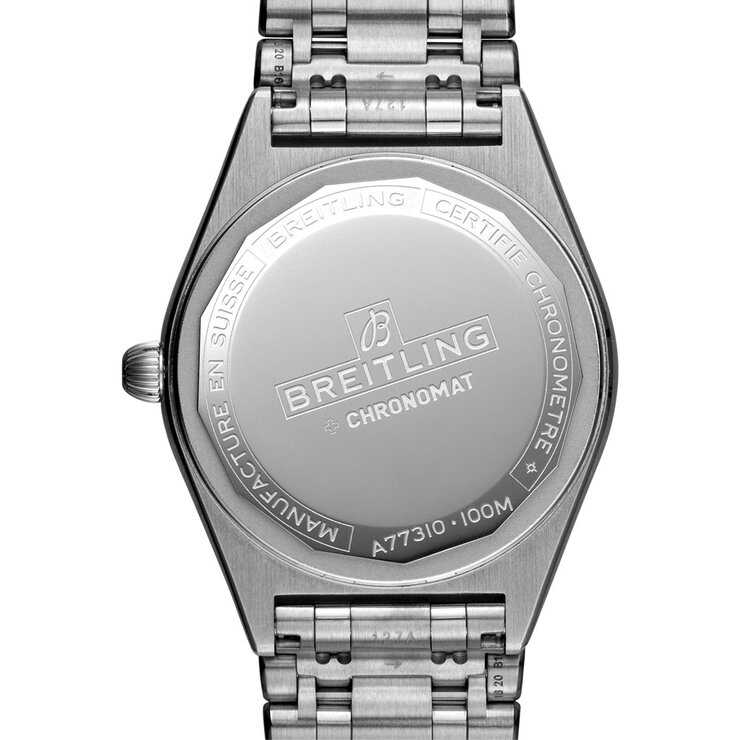 Breitling horloge met een kast in staal, met een wijzerplaat in het zilver met briljant en een diameter van 32 mm