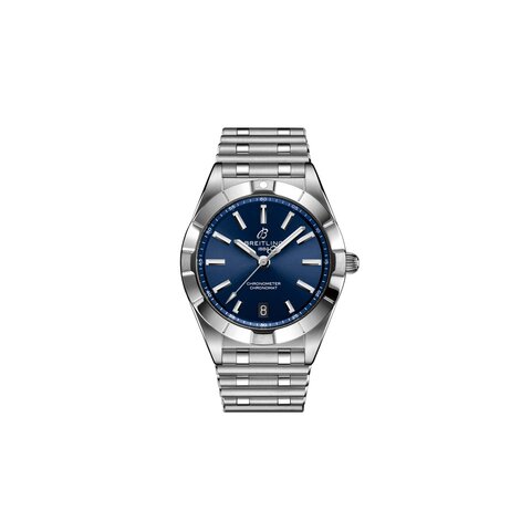 Breitling horloge met een kast in staal, met een wijzerplaat in het blauw en een diameter van 32 mm