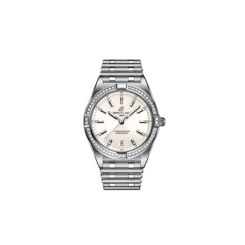 Breitling horloge met een kast in staal, met een wijzerplaat in het wit met  briljant en een diameter van 32 mm