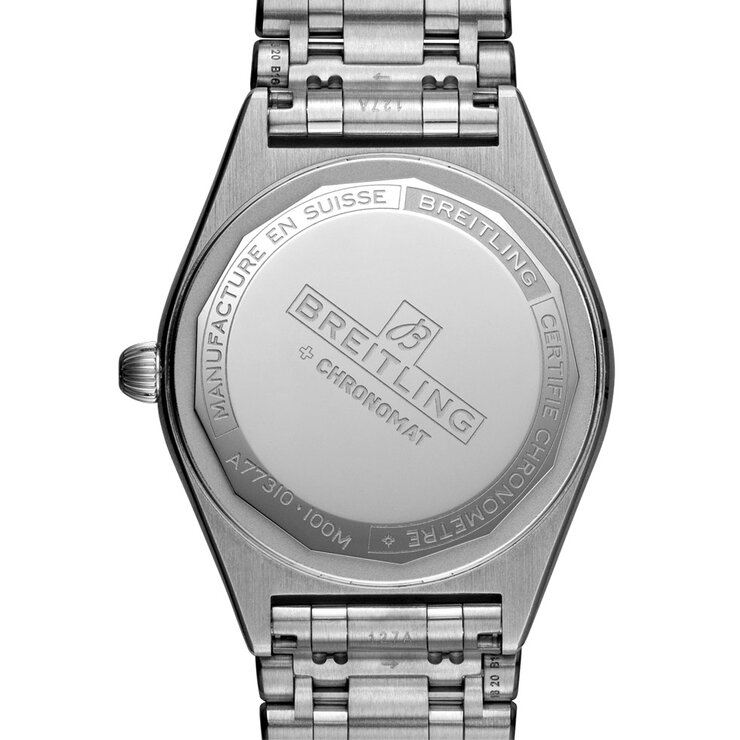 Breitling horloge met een kast in staal, met een wijzerplaat in het wit met  briljant en een diameter van 32 mm