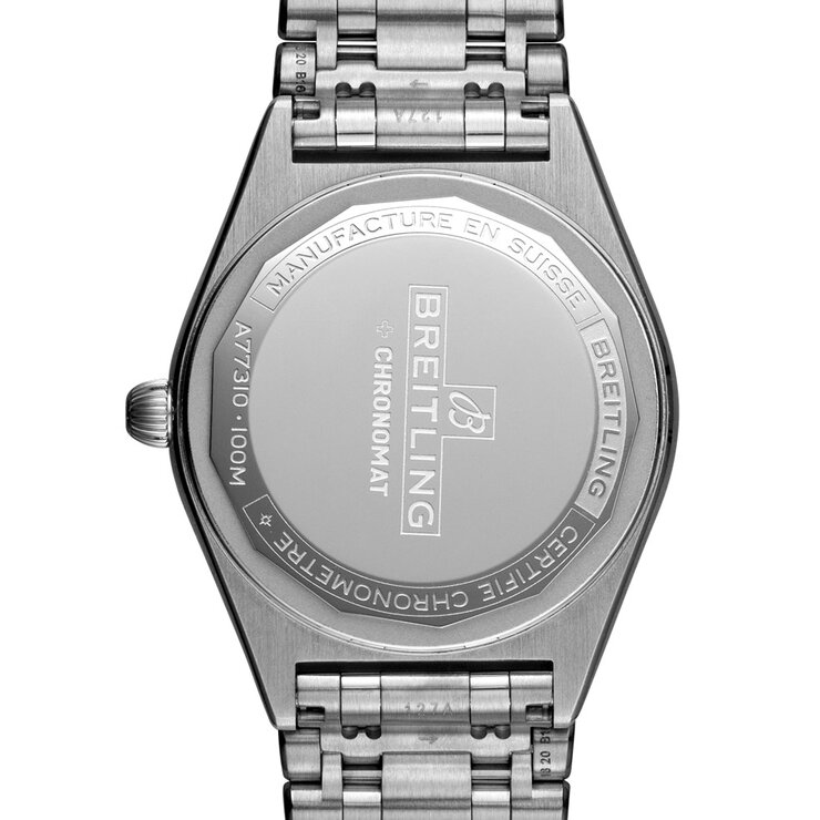 Breitling horloge met een kast in staal, met een wijzerplaat in het groen met briljant en een diameter van 32 mm
