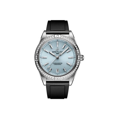 Breitling horloge met een kast in staal, met een wijzerplaat in het blauw met briljant en een diameter van 36 mm