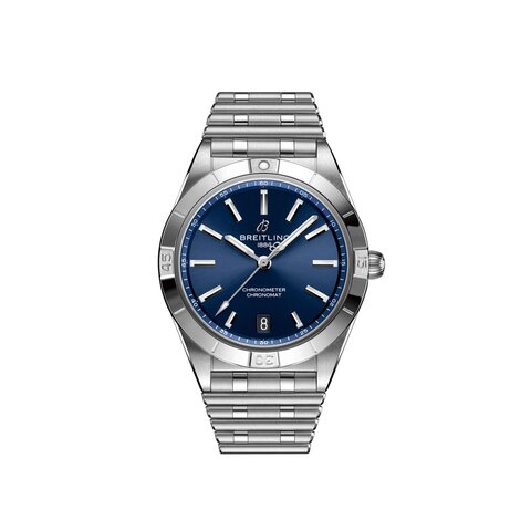 Breitling horloge met een kast in staal, met een wijzerplaat in het blauw en een diameter van 36 mm