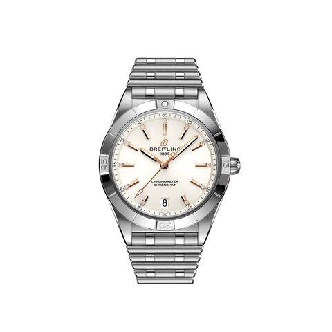 Breitling horloge met een kast in staal, met een wijzerplaat in het zilver met briljant en een diameter van 36 mm
