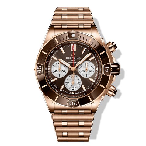 Breitling horloge met een kast in rosé goud, met een wijzerplaat in het bruin en een diameter van 44 mm
