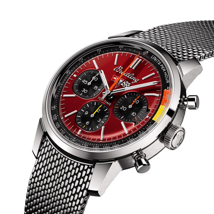 Breitling horloge met een kast in staal, met een wijzerplaat in het rood en een diameter van 41 mm
