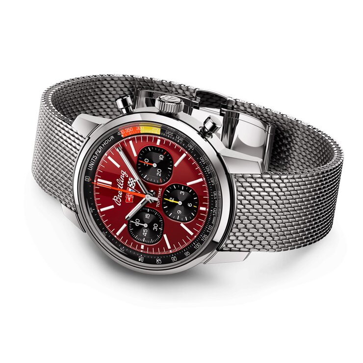 Breitling horloge met een kast in staal, met een wijzerplaat in het rood en een diameter van 41 mm