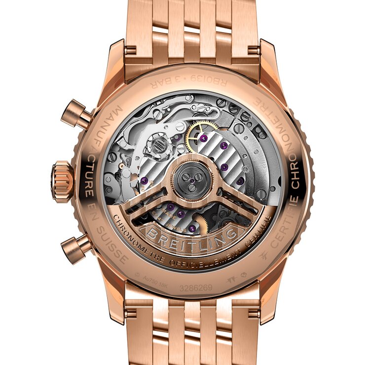 Breitling horloge met een kast in rosé goud, met een wijzerplaat in het zilver en een diameter van 41 mm