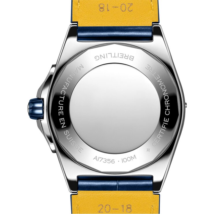 Breitling horloge met een kast in staal, met een wijzerplaat in het blauw en een diameter van 38 mm
