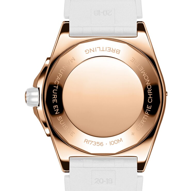 Breitling horloge met een kast in rosé goud, met een wijzerplaat in het wit en een diameter van 38 mm
