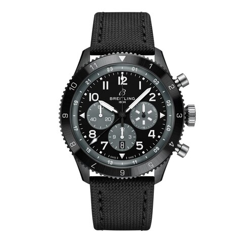 Breitling horloge met een kast in keramiek, met een wijzerplaat in het zwart en een diameter van 46 mm