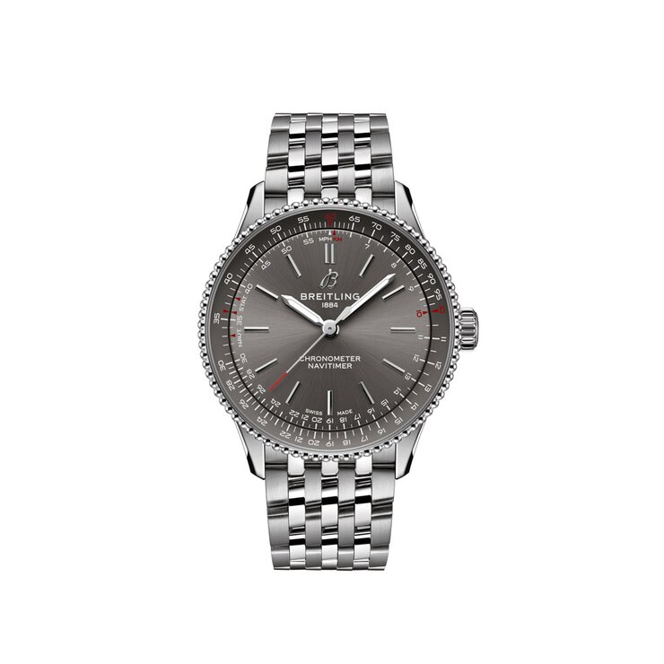 Breitling horloge met een kast in staal, met een wijzerplaat in het grijs en een diameter van 36 mm