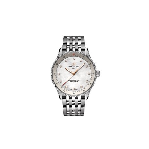 Breitling horloge met een kast in staal, met een wijzerplaat in het parelmoer met  briljant en een diameter van 32 mm