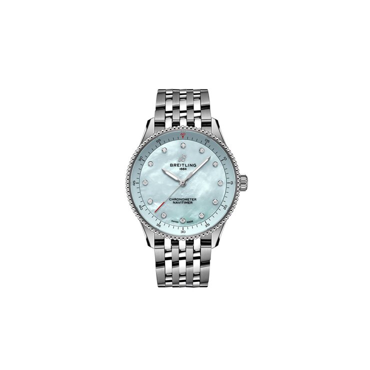 Breitling horloge met een kast in staal, met een wijzerplaat in het blauw met briljant en een diameter van 32 mm