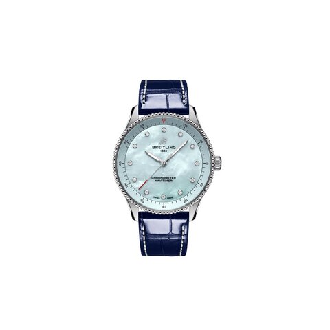 Breitling horloge met een kast in staal, met een wijzerplaat in het blauw met briljant en een diameter van 32 mm