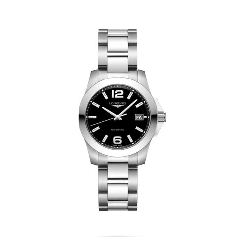 Longines horloge met een kast in staal, met een wijzerplaat in het zwart en een diameter van 34 mm