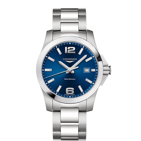 Longines horloge met een kast in staal, met een wijzerplaat in het blauw en een diameter van 41 mm