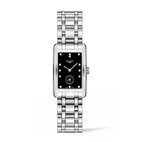 Longines horloge met een kast in staal, met een wijzerplaat in het zwart met briljant en een diameter van 23.3 x 37 mm