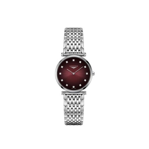 Longines horloge met een kast in staal, met een wijzerplaat in het rood met briljant en een diameter van 29 mm