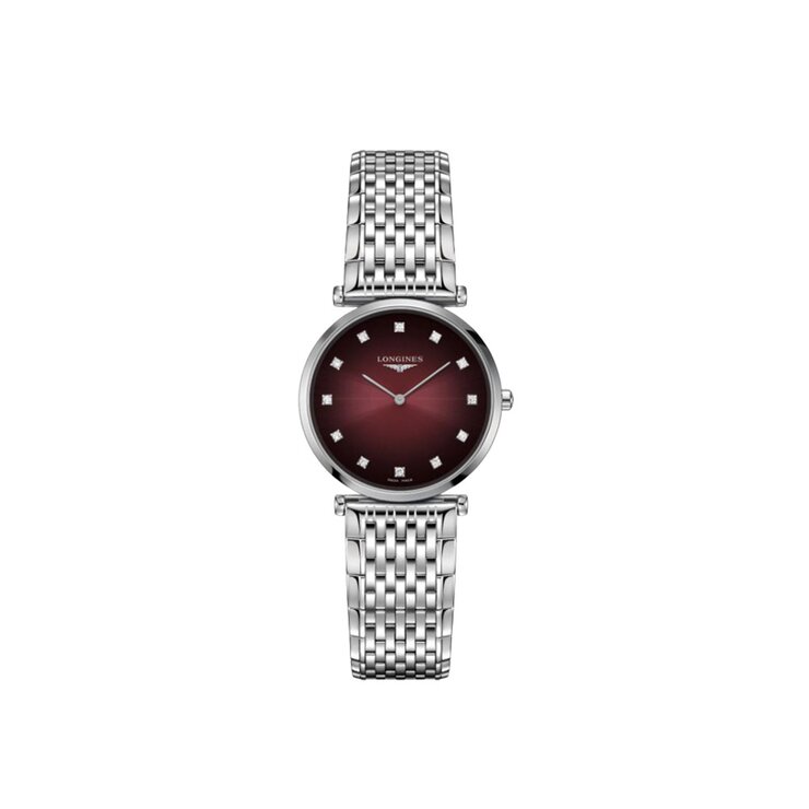 Longines horloge met een kast in staal, met een wijzerplaat in het rood met briljant en een diameter van 29 mm