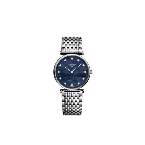 Longines horloge met een kast in staal, met een wijzerplaat in het blauw met briljant en een diameter van 29 mm
