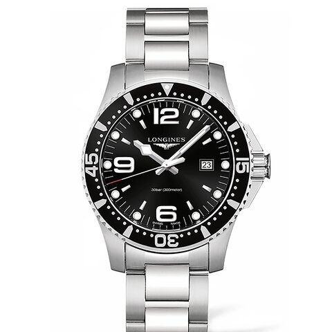 Longines horloge met een kast in staal, met een wijzerplaat in het zwart en een diameter van 44 mm