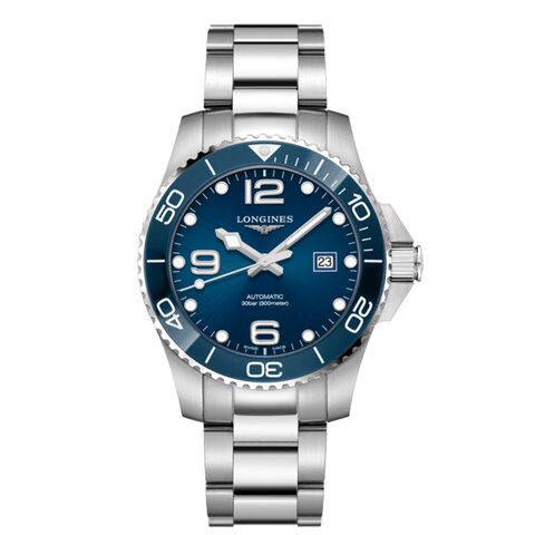 Longines horloge met een kast in staal, met een wijzerplaat in het blauw en een diameter van 43 mm