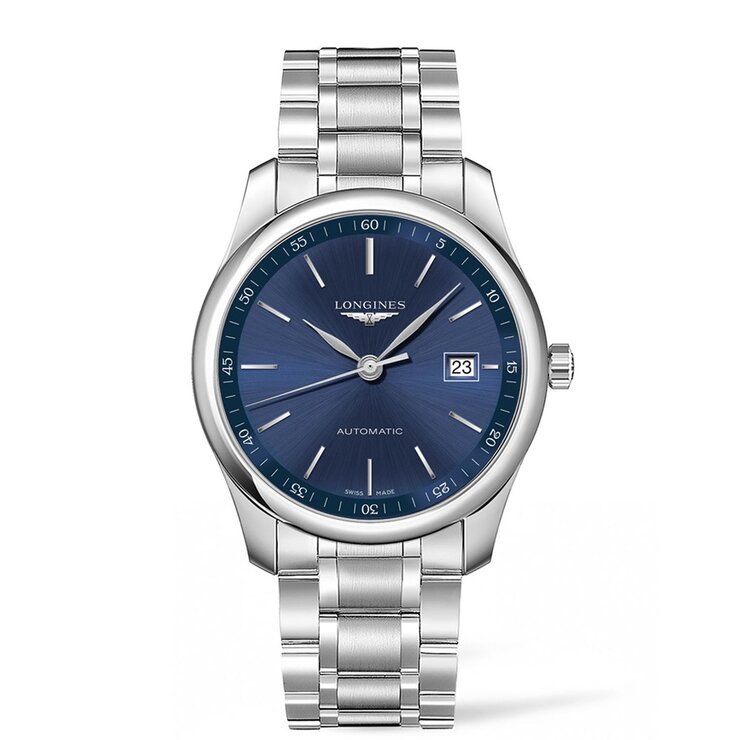 Longines horloge met een kast in staal, met een wijzerplaat in het blauw en een diameter van 42 mm