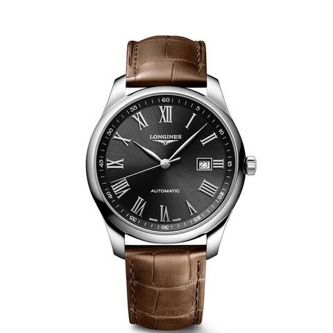 Longines horloge met een kast in staal, met een wijzerplaat in het zwart en een diameter van 42 mm