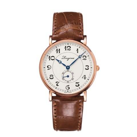 Longines horloge met een kast in rosé goud, met een wijzerplaat in het wit en een diameter van 38.5 mm