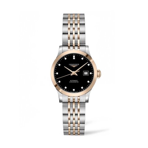 Longines horloge met een kast in staal, met een wijzerplaat in het zwart met briljant en een diameter van 30 mm