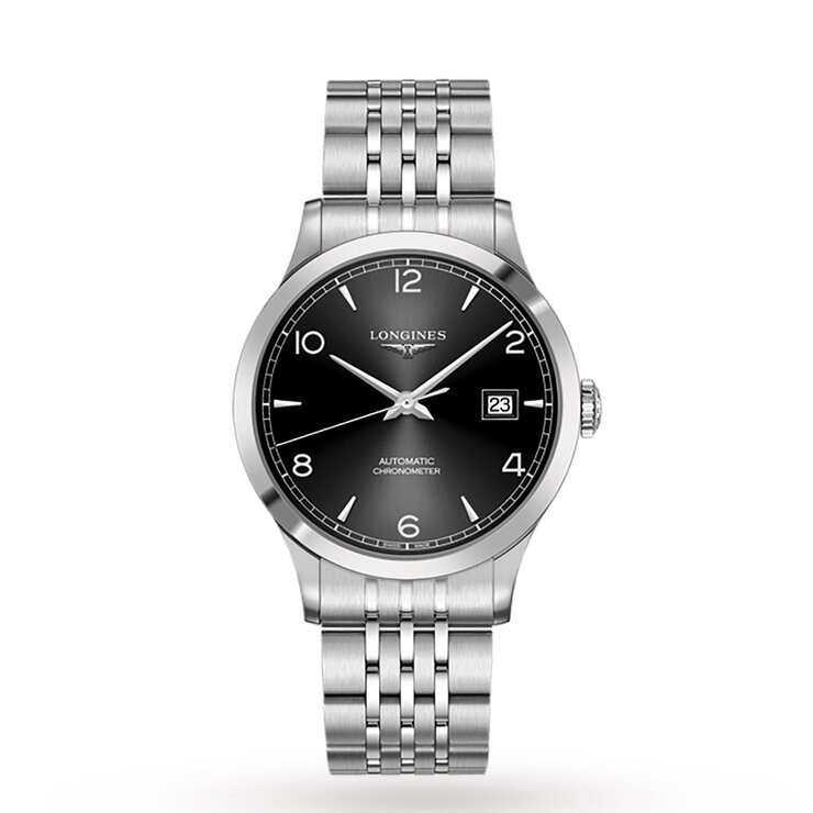 Longines horloge met een kast in staal, met een wijzerplaat in het zwart en een diameter van 40 mm