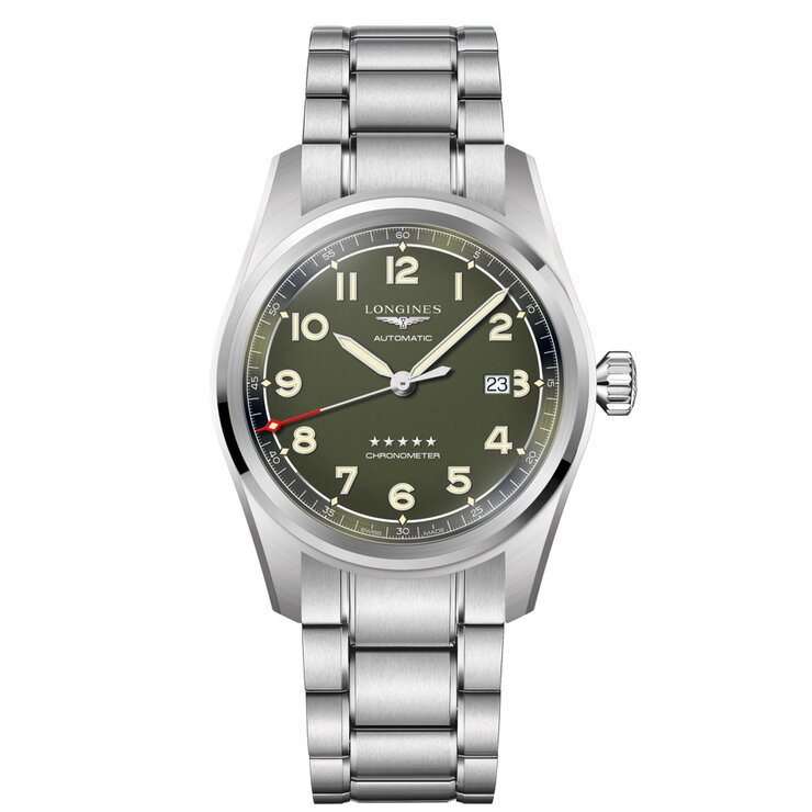 Longines horloge met een kast in staal, met een wijzerplaat in het groen en een diameter van 42 mm