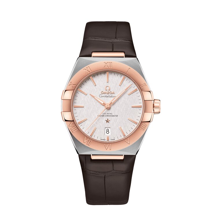 Omega horloge met een kast in rosé goud op staal, met een wijzerplaat in het zilver en een diameter van 39 mm