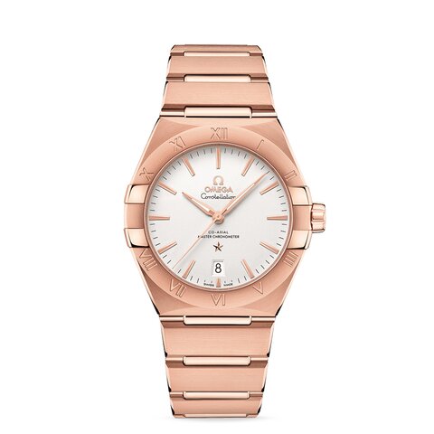 Omega horloge met een kast in rosé goud, met een wijzerplaat in het zilver en een diameter van 39 mm