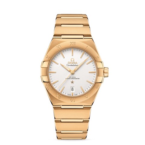 Omega horloge met een kast in geel goud, met een wijzerplaat in het zilver en een diameter van 39 mm