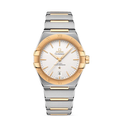 Omega horloge met een kast in geel goud op staal, met een wijzerplaat in het zilver en een diameter van 39 mm