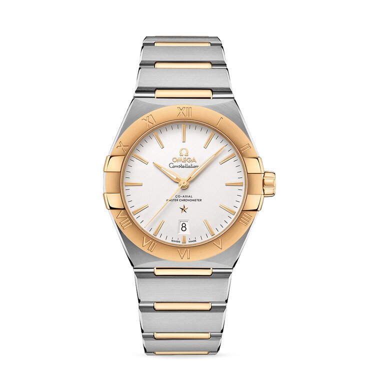 Omega horloge met een kast in geel goud op staal, met een wijzerplaat in het zilver en een diameter van 39 mm