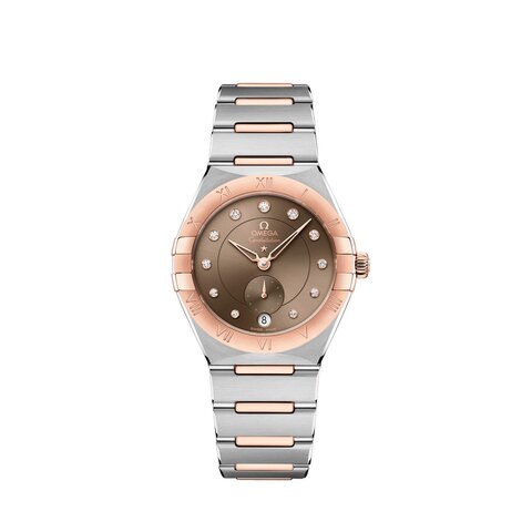 Omega horloge met een kast in rosé goud op staal, met een wijzerplaat in het bruin met briljant en een diameter van 34 mm